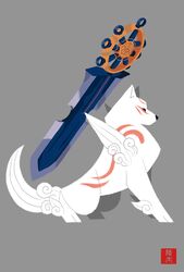  amaterasu_(okami) black_eyes black_nose canid canine canis capcom clover_studio deity eye_markings facial_markings feral fur grey_background head_markings leg_tuft mammal markings melee_weapon okami_(capcom) quadruped red_markings rikuta_tp side_view simple_background simplistic solo standing sword tuft weapon white_body white_fur wolf 