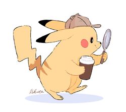  clothing container cup detective_pikachu feral fur generation_1_pokemon hat headgear headwear holding_container holding_cup holding_object magnifying_glass mammal nintendo pikachu pokemon pokemon_(species) rikuta_tp rodent simple_background smile solo walking white_background yellow_body yellow_fur 