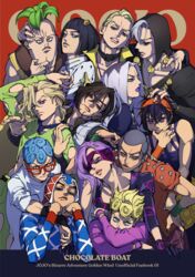  6+boys beanie black_eyes black_hair black_jacket black_sclera blonde_hair blue_eyes bruno_bucciarati buzz_cut closed_mouth colored_sclera earrings formaggio ghiaccio giorno_giovanna glasses green_eyes green_jacket grey_hair guido_mista hat highres illuso jacket jewelry jojo_no_kimyou_na_bouken leone_abbacchio lips lipstick long_hair long_sleeves looking_at_viewer makeup melone mojisan_(ebimo) multiple_boys narancia_ghirga necktie orange_headwear orange_jacket pannacotta_fugo pesci pink_jacket prosciutto purple_eyes purple_hair purple_lips purple_necktie red_eyes risotto_nero short_hair smile teeth tongue tongue_out vento_aureo very_short_hair vest white_jacket white_vest 