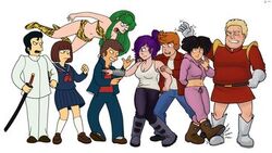  amy_wong bad_source boots futurama katana lowres lum mendou_shuutarou miyake_shinobu moroboshi_ataru philip_j_fry sailor school_uniform sword turanga_leela urusei_yatsura weapon zapp_brannigan 