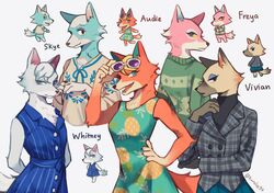  animal_crossing anthro audie_(animal_crossing) black_eyes blonde_hair blue_body blue_eyes blue_fur bottomless bottomwear brown_body brown_fur brown_nose canid canine canis claws clothed clothing crossed_arms dipstick_tail dress english_text eyelashes eyewear female freya_(animal_crossing) fur group hair hand_on_hip hands_behind_back hi_res jacket kurolee97 looking_at_viewer looking_back mammal markings multicolored_body multicolored_fur multicolored_tail nintendo open_mouth orange_body orange_fur pink_body pink_fur shirt short_hair signature simple_background skirt skye_(animal_crossing) standing sunglasses sweater tail tail_markings tan_body tan_fur text topwear two_tone_body two_tone_fur vivian_(animal_crossing) white_background white_body white_fur whitney_(animal_crossing) wolf yellow_sclera 