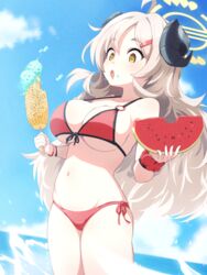  :o ahoge bare_shoulders beach belly bikini blonde_hair blue_archive blush breasts cleavage cloud collarbone corn cowboy_shot curled_horns day demon_horns double_scoop eating female food food_on_face front-tie_bikini_top front-tie_top fruit grilled_corn hair_ornament hairclip halo halterneck highres holding holding_food horns ice_cream izumi_(blue_archive) izumi_(swimsuit)_(blue_archive) large_breasts long_hair navel o-ring o-ring_bikini official_alternate_costume oops open_mouth outdoors red_bikini side-tie_bikini_bottom sideboob soft_serve solo standing stomach string_bikini swimsuit thighs underboob very_long_hair wading watermelon watermelon_slice yellow_eyes 