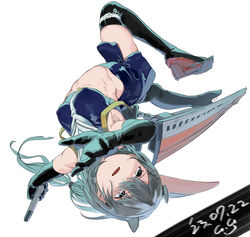  black_thighhighs blue_shirt blue_skirt crop_top dated female gegeron gradient_neckerchief grey_eyes grey_hair highres i-201_(kancolle) kantai_collection long_hair machinery midriff one-hour_drawing_challenge pencil_skirt rudder_footwear sailor_collar shirt simple_background skirt sleeveless sleeveless_shirt solo thighhighs torpedo_tubes upside-down white_background white_sailor_collar 