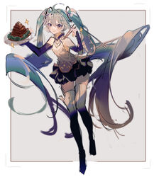  :&gt; absurdly_long_hair aqua_hair bare_shoulders black_skirt black_sleeves black_thighhighs chinese_commentary chinese_food chopsticks cleavage_cutout clothing_cutout commentary detached_sleeves female food food_art full_body gold_trim grey_background hair_ornament hands_up hatsune_miku hatsune_miku_(vocaloid4) hatsune_miku_(vocaloid4)_(chinese) heart heart_cutout holding holding_chopsticks holding_plate left-handed long_hair looking_at_viewer mamenomoto miniskirt pagoda plate pleated_skirt pork shirt skirt sleeveless sleeveless_shirt smile solo sparkle thighhighs twintails v-shaped_eyebrows very_long_hair vocaloid white_shirt zettai_ryouiki 