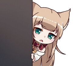  40hara animal_collar animal_ears around_corner cat_ears cat_girl chibi collar disgust female green_eyes kinako_(40hara) light_brown_hair long_hair looking_at_viewer open_mouth original peeking_out red_collar shirt simple_background solo white_background white_shirt 