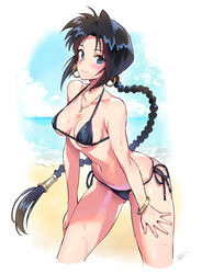  anachronism bikini black_bikini black_hair blue_eyes blush bracelet braid breasts cropped_legs earrings female highres hoop_earrings jewelry leaning_forward long_hair looking_at_viewer makimachi_misao matsuda_(matsukichi) medium_breasts necklace rurouni_kenshin side-tie_bikini_bottom single_braid smile solo swimsuit very_long_hair wet 