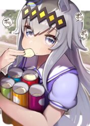  ahoge animal_ears blue_eyes chips_(food) commentary eating eyebrows eyes_visible_through_hair female food glutton grey_hair hairband highres holding holding_food horse_ears horse_girl light_particles long_hair looking_at_viewer multicolored_hair oguri_cap_(umamusume) potato_chips pringles pringles_can puffy_short_sleeves puffy_sleeves purple_shirt sailor_collar sailor_shirt school_uniform shirt short_sleeves solo sound_effects speech_bubble summer_uniform tamukoro tracen_school_uniform translated two-tone_hair umamusume you&#039;re_doing_it_wrong 