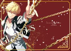  1boy black_jacket blonde_hair chains comiket_93 commentary_request fate/grand_order fate/stay_night fate_(series) gilgamesh_(fate) gilgamesh_(immoral_biker_jacket)_(fate) jacket male_focus natsuko_(bluecandy) official_alternate_costume open_mouth red_eyes shirt short_hair smile solo toned toned_male white_shirt 