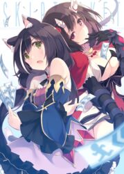  +_+ 2girls amulet animal_ear_fluff animal_ears bare_shoulders between_breasts black_bra black_gloves black_hair blurry blurry_foreground blush bra breasts capelet cat_ears cat_girl choker cleavage dress elbow_gloves english_text eriko_(princess_connect!) eyebrows_hidden_by_hair finger_to_mouth gloves glowing glowing_eye green_eyes hair_between_eyes holding horns itoichi. jewelry karyl_(princess_connect!) lace-trimmed_gloves lace_trim long_hair looking_at_viewer multicolored_hair multiple_girls necklace oerba_yun_fang open_mouth princess_connect! purple_tail red_capelet red_eyes shaded_face short_hair simple_background skin_fang sleeveless sleeveless_dress smile spiked_tail streaked_hair tail underwear white_background white_hair wide_sleeves 