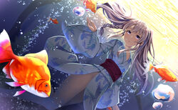  air_bubble animal_print blue_kimono braid bubble cac_itinose collarbone commentary_request dutch_angle female fish fish_print goldfish goldfish_print grey_hair highres idolmaster idolmaster_shiny_colors japanese_clothes kimono long_hair long_sleeves obi parted_lips print_kimono purple_eyes sash solo underwater water wide_sleeves yukata yukoku_kiriko 