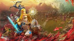  battle blonde_hair blue_eyes champion&#039;s_tunic_(zelda) colored_skin commentary cover daruk earrings english_commentary fingerless_gloves fins fish_girl gloves glowing glowing_weapon goron green_eyes guardian_(zelda) hair_ornament highres holding holding_sword holding_weapon hyrule_warriors:_age_of_calamity jewelry link lizalfos long_hair looking_at_viewer mipha monster_girl multicolored_skin multiple_boys multiple_girls no_eyebrows official_art open_mouth pointy_ears princess_zelda red_skin revali rito soldier&#039;s_set_(zelda) sword terrako the_legend_of_zelda the_legend_of_zelda:_breath_of_the_wild urbosa video_game_cover weapon zora 