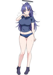  blue_archive blue_buruma blue_shirt blush breasts buruma female full_body halo highres large_breasts long_hair looking_at_viewer muta_poo official_alternate_costume parted_bangs ponytail purple_eyes purple_hair shirt shoes short_sleeves sidelocks sneakers solo yuuka_(blue_archive) yuuka_(track)_(blue_archive) 