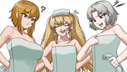  3girls :3 ? absurdres bandaid bandaid_on_cheek bandaid_on_face bare_shoulders blonde_hair blue_eyes breasts cleavage closed_eyes closed_mouth collarbone commentary_request drake_(nikke) flying_sweatdrops goddess_of_victory:_nikke grey_hair hair_between_eyes hands_on_own_hips highres holding holding_towel laplace_(nikke) large_breasts long_hair matis_(nikke) maxwell_(nikke) multiple_girls naked_towel o_o_k_i_n_a oerba_yun_fang open_mouth parted_bangs red_eyes short_hair short_hair_with_long_locks sidelocks simple_background small_breasts smile standing teeth thick_eyebrows towel twintails upper_body upper_teeth_only white_background 