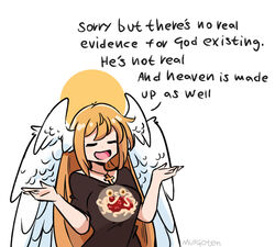  angel angel_wings artist_name atheism blasphemy closed_eyes commentary cross english_commentary english_text female flying_spaghetti_monster head_wings irony jewelry long_hair murgoten necklace open_mouth original shrugging solo very_long_hair wings yellow_eyes 