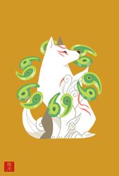  amaterasu_(okami) black_eyes canid canine canis capcom clover_studio deity eye_markings facial_markings feral fur head_markings leg_tuft mammal markings okami_(capcom) red_markings rikuta_tp simple_background simplistic sitting solo tuft weapon white_body white_fur wolf yellow_background 