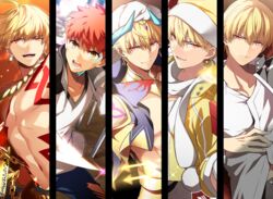  arabian_clothes blonde_hair comiket_93 commentary_request earrings emiya_shirou fate/grand_order fate/stay_night fate_(series) gilgamesh_(caster)_(fate) gilgamesh_(fate) gilgamesh_(immoral_biker_jacket)_(fate) hair_between_eyes jewelry looking_at_viewer male_focus multiple_boys natsuko_(bluecandy) official_alternate_costume open_mouth red_eyes red_hair short_hair smile yellow_eyes 