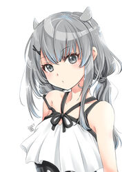  fake_horns female grey_eyes grey_hair hair_between_eyes hair_ornament highres horned_headwear horns i-201_(kancolle) kantai_collection long_hair looking_at_viewer matsuura@parao official_alternate_costume polka_dot polka_dot_swimsuit simple_background solo swimsuit upper_body white_background x_hair_ornament 