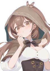  :o brown_capelet brown_cloak brown_corset brown_eyes brown_hair capelet cleavage_cutout cloak clothing_cutout corset feather_hair_ornament feathers female hair_ornament hands_up hieroglyphics hololive hololive_english hood hood_up long_hair looking_at_viewer nanashi_mumei nanashi_mumei_(1st_costume) ogossi ponytail shirt turning_head upper_body very_long_hair virtual_youtuber white_shirt 