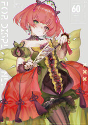  artist_name artist_request bare_shoulders black_arm_warmers black_collar black_eyes black_nails breasts closed_mouth collar cowboy_shot dagger dress earrings female flower_knot frilled_dress frilled_thighhighs frills frown gown green_dress green_eyes grey_background grey_thighhighs head_tilt heterochromia highres holding holding_dagger holding_knife holding_weapon jewelry knife lace_arm_warmers lace_collar large_breasts leaf light_blush long_dress marking_on_cheek mismatched_pupils nail_polish orange_pupils original pink_hair pink_pupils pink_ribbon purple_ribbon ribbon sample_watermark short_hair simple_background slit_pupils solo strapless strapless_dress striped_clothes striped_thighhighs tassel teardrop_facial_mark thighhighs third-party_source tiara too_many_watermarks triangle_earrings vertical-striped_clothes vertical-striped_thighhighs watermark weapon wrist_ribbon 