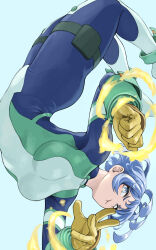  absurdres blue_background blue_bodysuit blue_eyes blue_hair bodysuit boku_no_hero_academia clenched_hand closed_mouth drill_hair energy female fengling_(furin-jp) gloves green_bodysuit hadou_nejire hair_horns highres multicolored_bodysuit multicolored_clothes official_alternate_hair_length official_alternate_hairstyle pout short_hair solo superhero_costume twin_drills yellow_gloves 