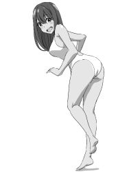  back_cutout barefoot blush_stickers clothing_cutout feet female from_behind greyscale hide12862152 highres leaning_forward long_hair looking_at_viewer monochrome one-piece_swimsuit original simple_background solo standing swimsuit 