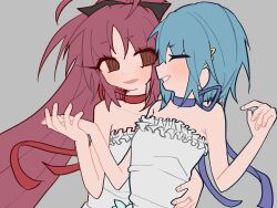  2girls @_@ absurdres bare_shoulders black_bow blue_choker blue_hair bow choker closed_eyes commentary couple dress grey_background hair_ornament hairbow hairclip hand_on_another&#039;s_waist hashtag-only_commentary high_ponytail highres holding_hands long_hair looking_at_viewer mahou_shoujo_madoka_magica mahou_shoujo_madoka_magica_(anime) miki_sayaka multiple_girls parted_lips profile rabbit11201206 red_choker red_eyes red_hair sakura_kyoko short_hair simple_background sleeveless sleeveless_dress smile white_dress yuri 