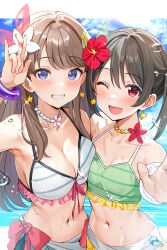  2girls :d ;d \m/ asymmetrical_docking bikini black_hair blue_sky blush bracelet breast_press breasts brown_hair cleavage collarbone commentary_request cosplay earrings flower flower_necklace fujishima_megumi green_bikini grin hibiscus highres jewelry large_breasts letterboxed link!_like!_love_live! long_hair love_live! love_live!_school_idol_project medium_hair multiple_girls natsuiro_egao_de_1_2_jump! navel official_alternate_costume one_eye_closed open_mouth outside_border paid_reward_available partial_commentary purple_eyes red_eyes red_flower shiitake_taishi sky small_breasts smile star_(symbol) star_earrings striped_bikini striped_clothes swimsuit teeth trait_connection twintails two_side_up upper_body upper_teeth_only white_bikini white_flower yazawa_nico yazawa_nico_(cosplay) 