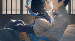  1boy absurdres betabeet black_hair blue_archive blue_halo blue_sailor_collar blue_skirt cat_girl cat_tail collared_shirt commentary cowgirl_position cropped_head female halo highres kikyou_(blue_archive) midriff multiple_tails open_mouth sailor_collar sensei_(blue_archive) shirt shouji skirt sleeves_rolled_up sliding_doors tail tail_wrap two_tails white_shirt 