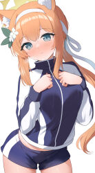  absurdres animal_ear_fluff animal_ears aoto_mei black_shorts blue_archive blue_eyes blush closed_mouth commentary_request female flower gym_shorts gym_uniform hair_flower hair_ornament hair_ribbon hairband halo hands_on_own_chest highres jacket long_hair long_sleeves looking_at_viewer mari_(blue_archive) mari_(track)_(blue_archive) multicolored_clothes multicolored_jacket official_alternate_costume orange_hair ribbon shorts simple_background solo track_jacket two-tone_jacket white_background white_flower white_hairband white_ribbon yellow_halo 