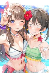  2girls ;p \m/ asymmetrical_docking bikini black_hair blue_sky blush bracelet breast_envy breast_press breasts brown_hair cleavage collarbone commentary_request constricted_pupils cosplay earrings flower flower_necklace fujishima_megumi glaring green_bikini grin hibiscus highres jewelry large_breasts letterboxed link!_like!_love_live! long_hair love_live! love_live!_school_idol_project medium_hair multiple_girls natsuiro_egao_de_1_2_jump! navel official_alternate_costume one_eye_closed outside_border paid_reward_available partial_commentary purple_eyes red_flower shiitake_taishi sky small_breasts smile star_(symbol) star_earrings striped_bikini striped_clothes swimsuit teeth tongue tongue_out trait_connection twintails two_side_up upper_body upper_teeth_only v-shaped_eyebrows white_bikini white_flower yazawa_nico yazawa_nico_(cosplay) 