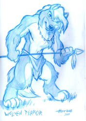  2000 anthro biceps blue_and_white bottomwear canid canine canis clothed clothing colored_pencil_(artwork) digitigrade full-length_portrait hair herbie_bearclaw hindpaw holding_melee_weapon holding_object holding_polearm holding_spear holding_weapon jewelry loincloth looking_at_viewer male mammal melee_weapon monochrome navel necklace paws pecs polearm portrait signature simple_background solo spear standing tail topless traditional_media_(artwork) tribal weapon white_background wolf 