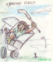  2001 anthro barefoot black_nose black_text blue_sky bottomwear brown_body brown_fur brown_mane clothed clothing cloud colored_pencil_(artwork) day detailed_background driving english_text eyebrows feet felid flag fully_clothed fur golf_ball golf_cart golf_tee grass green_clothing green_shirt green_topwear grin handwritten_text herbie_bearclaw holding_hockey_stick humanoid_feet lion low_res male mammal mane outside pantherine pawpads plant plantigrade shirt shorts sky smile soles solo steering_wheel teeth text topwear traditional_media_(artwork) whisker_spots 