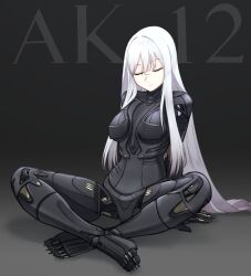  absurdres ak-12_(girls&#039;_frontline) ak-12_(mod3)_(girls&#039;_frontline) android arm_support arms_behind_back black_background character_name closed_eyes closed_mouth english_commentary female full_body girls&#039;_frontline gradient_background grey_background hair_between_eyes highres indian_style long_hair mechanical_arms mechanical_legs missileer scar scar_on_face scar_on_nose simple_background sitting solo variant_set white_hair 