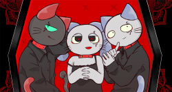  2023 absurd_res alternate_costume black_body black_clothing black_dress black_fur blue_body blue_ears blue_fur blue_tail clothing collar domestic_cat dress felid feline felis fur green_sclera group hand_on_face heart_pupils hi_res jewelry kanaria_(vocaloid) kobayashi_(neko_no_teach-kun) lagomorph leporid living_tail male male/male mammal necklace neko_no_teach-kun omu_0606 open_mouth oyasaioni9 parody rabbit red_ears red_jewelry red_necklace red_neckwear red_tail reptile sam_(neko_no_teach-kun) scalie snake snake_tail tail teach trio unusual_anatomy unusual_tail yellow_sclera 