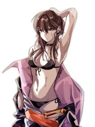  2pwqq arm_behind_back arm_up armpits bikini black_choker breasts brown_hair choker closed_mouth commentary expressionless female front-tie_bikini_top front-tie_top girls&#039;_frontline girls&#039;_frontline_neural_cloud hair_ornament hairpin hand_on_own_head hatsuchiri_(neural_cloud) highres long_hair looking_at_viewer medium_breasts mole mole_on_breast multiple_hairpins orange_eyes side-tie_bikini_bottom simple_background solo swimsuit symbol-only_commentary wet white_background 