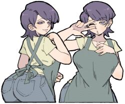  apron ass ass_focus denim female green_apron highres jeans komi-san_wa_komyushou_desu komi_shuuko mature_female multiple_views pants pantsu-ripper purple_eyes purple_hair shirt short_hair v_over_eye yellow_shirt 