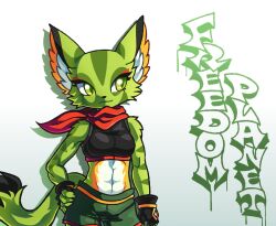  2022 4:3 anthro black_clothing black_shirt black_topwear bottomwear carol_tea closed_smile clothing felid feline felis female freedom_planet fur galaxytrail gradient_background graffiti green_body green_bottomwear green_clothing green_eyes green_fur green_shorts half-length_portrait hi_res looking_aside mammal midriff mouth_closed navel neroangero paint_drip portrait red_scarf scarf shirt shorts simple_background smile solo striped_body striped_fur stripes topwear wildcat 