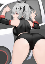  absurdres against_vehicle ass azur_lane bare_shoulders bent_over black_ribbon black_shorts breasts commentary_request crop_top detached_sleeves expressionless female from_behind hair_ribbon hakkaman119 hands_up highres joffre_(azur_lane) joffre_(blessings&#039;_first_flight)_(azur_lane) looking_at_viewer looking_back medium_breasts medium_hair micro_shorts midriff red_eyes ribbon shorts solo thighs white_hair 