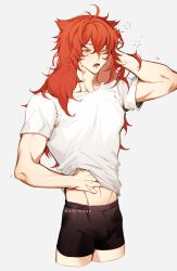  1boy black_male_underwear blush diluc_(genshin_impact) eriimyon genshin_impact hair_between_eyes highres long_hair male_focus male_underwear one_eye_closed open_mouth red_eyes red_hair shirt solo underwear waking_up white_shirt 