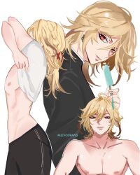  1boy black_pants black_shirt blonde_hair earrings feather_hair_ornament feathers genshin_impact hair_between_eyes hair_ornament highres jewelry kaveh_(genshin_impact) long_hair male_focus nipples pants red_eyes shirt smile stomach topless_male uenodraws undressing white_shirt 