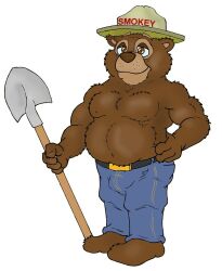  anthro barefoot bear belt black_belt blue_bottomwear blue_clothing blue_jeans blue_pants bottomwear brown_eyes brown_nose brucebadger clothing denim denim_bottomwear denim_clothing feet hand_on_side hat headgear headwear hi_res holding_object holding_shovel holding_tool jeans male mammal nipples pants red_text shovel simple_background smile smokey_bear solo tan_hat tan_headwear text tools united_states_forest_service white_background 