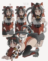  ! absurdres all_fours animal_ear_fluff animal_ears bell black_hair black_thighhighs breasts cat_ears cat_girl cat_tail closed_mouth clothing_cutout commentary_request female frown highres jingle_bell long_hair long_sleeves looking_at_viewer mechanical_tail medium_breasts neck_bell nekomiya_mana note_nii open_mouth red_eyes shoulder_cutout simple_background smile spoken_exclamation_mark tail thighhighs white_background zenless_zone_zero 