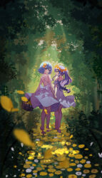  2girls absurdres bare_shoulders basket bow day dress flower flower_wreath forest from_behind grass hair_between_eyes hair_flower hair_ornament head_wreath highres holding holding_basket holding_hands long_hair looking_at_viewer multiple_girls nature original outdoors plant ponytail purple_bow purple_dress purple_hair red_eyes ribbon scenery short_hair sidelocks sleeveless sleeveless_dress tree xuya2333 