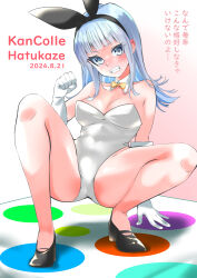  absurdres animal_ears bare_legs black_footwear blue_eyes blue_hair bow bowtie breasts cleavage clenched_teeth commentary_request dated detached_collar female gloves hatsukaze_(kancolle) highres kantai_collection leotard long_hair looking_at_viewer medium_breasts playboy_bunny rabbit_ears solo squatting strapless strapless_leotard teeth translation_request twister white_gloves white_leotard yellow_bow yellow_bowtie yoshiki_(bpmaxm) 