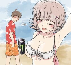  1boy ahoge arm_up armpits backpack bag bare_shoulders breasts can cleavage collarbone danganronpa_(series) danganronpa_2:_goodbye_despair facing_another female hinata_hajime holding holding_can kmnm_1403 large_breasts looking_at_viewer mole mole_on_breast monster_energy nanami_chiaki open_mouth pink_bag smile 