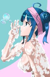  ahoge alternate_hairstyle blowing_bubbles blue_eyes blue_hair breasts female hachimaki hair_bun hand_up headband highres large_breasts make_heroine_ga_oo_sugiru! nude parted_lips profile short_hair soap_bubbles solo suruga_asahi upper_body yanami_anna 