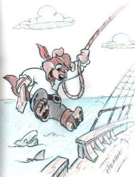  ambient_shark anthro belt belt_buckle black_belt black_nose boat bottomwear brown_body brown_fur buckle button_ears canid canine canis clothing cloud colored_pencil_(artwork) detailed_background domestic_dog floppy_ears fur grey_bottomwear grey_clothing grey_pants head_tuft herbie_bearclaw holding_melee_weapon holding_object holding_rope holding_sword holding_weapon kuddlepup male mammal mask melee_weapon open_mouth open_smile outside pants pirate rope sea shirt signature smile snout solo swinging swinging_on_rope sword tail teeth topwear traditional_media_(artwork) tuft vehicle water watercraft weapon white_clothing white_shirt white_topwear wooden_sword 