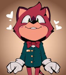  2023 anthro barry_(sonic) biped black_nose blush bottomless bow_tie brown_background clothed clothing fur gloves green_clothing green_eyes green_suit handwear head_tuft heart_symbol macropod male mammal marsupial mochaenby portrait prick_ears quokka red_body red_fur sega shaded signature simple_background smile solo sonic_the_hedgehog_(series) standing suit suit_jacket tail tan_body the_murder_of_sonic_the_hedgehog three-quarter_portrait tuft white_clothing white_gloves white_handwear 