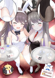  2girls absurdres alternate_breast_size anger_vein animal_ears anniversary annoyed arm_around_back azur_lane bare_shoulders between_breasts black_bow black_bowtie black_leotard blush bow bowtie breasts brown_hair bullying checkered_floor cleavage covered_navel cup detached_sleeves drinking_glass english_text fishnet_pantyhose fishnets flower full_body groin hair_ornament hairbow hairclip hand_on_another&#039;s_back happy high_heels highres hip_focus holding holding_tray hug leotard medium_breasts multiple_girls necktie necktie_between_breasts oerba_yun_fang paashe pale_skin pamiat_merkuria_(azur_lane) pamiat_merkuria_(meta)_(azur_lane) pantyhose pinching_thigh playboy_bunny rabbit_ears rabbit_hair_ornament red_necktie side_ponytail skin_tight skindentation standing standing_on_one_leg strapless strapless_leotard teasing thighhighs tray white_leotard 