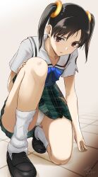  black_footwear black_hair blue_bow blue_bowtie bow bowtie female green_skirt hand_on_own_thigh highres kneeling ling_xiaoyu loafers loose_socks panties plaid_clothes plaid_skirt sailor_collar school_uniform serafuku shirt shoes short_sleeves simple_background skirt socks solo tea_(nakenashi) tekken tile_floor tiles torn_clothes torn_skirt twintails underwear white_background white_panties white_sailor_collar white_shirt white_socks 